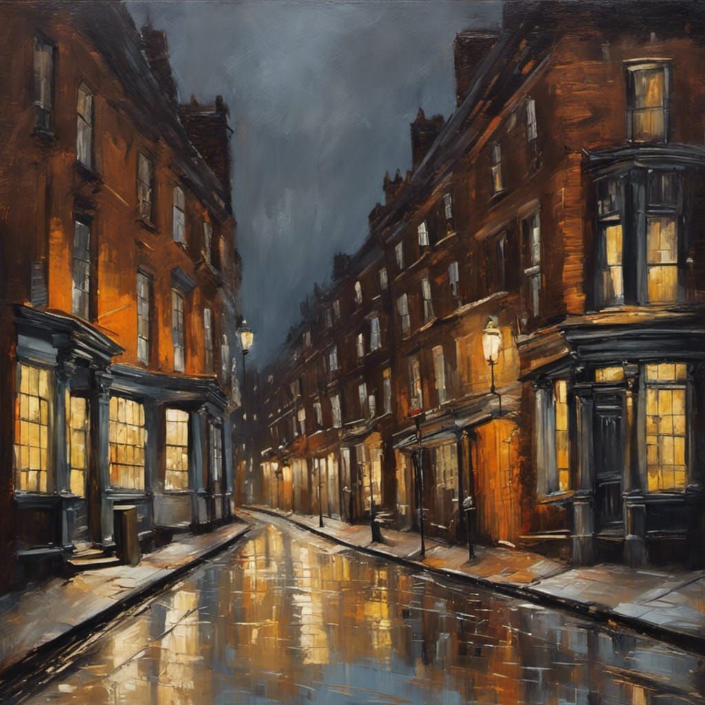 1800s London Street at Night as Oil Painting