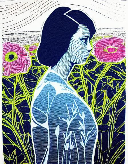 Nurse in Flower Field Double Exposure Art Nouveau