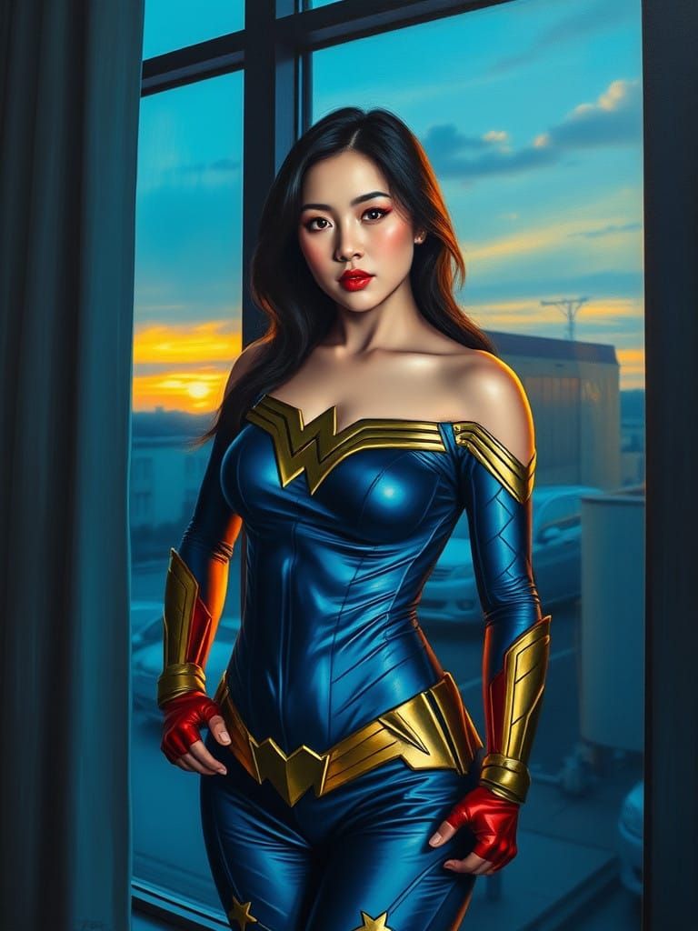 Surreal Young Korean Woman in Wonder Woman Costume Illuminat...