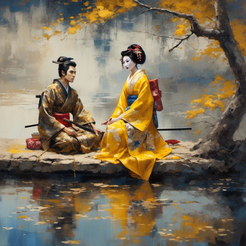 Samurai and Geisha in Cobalt Yellow Oil Painting