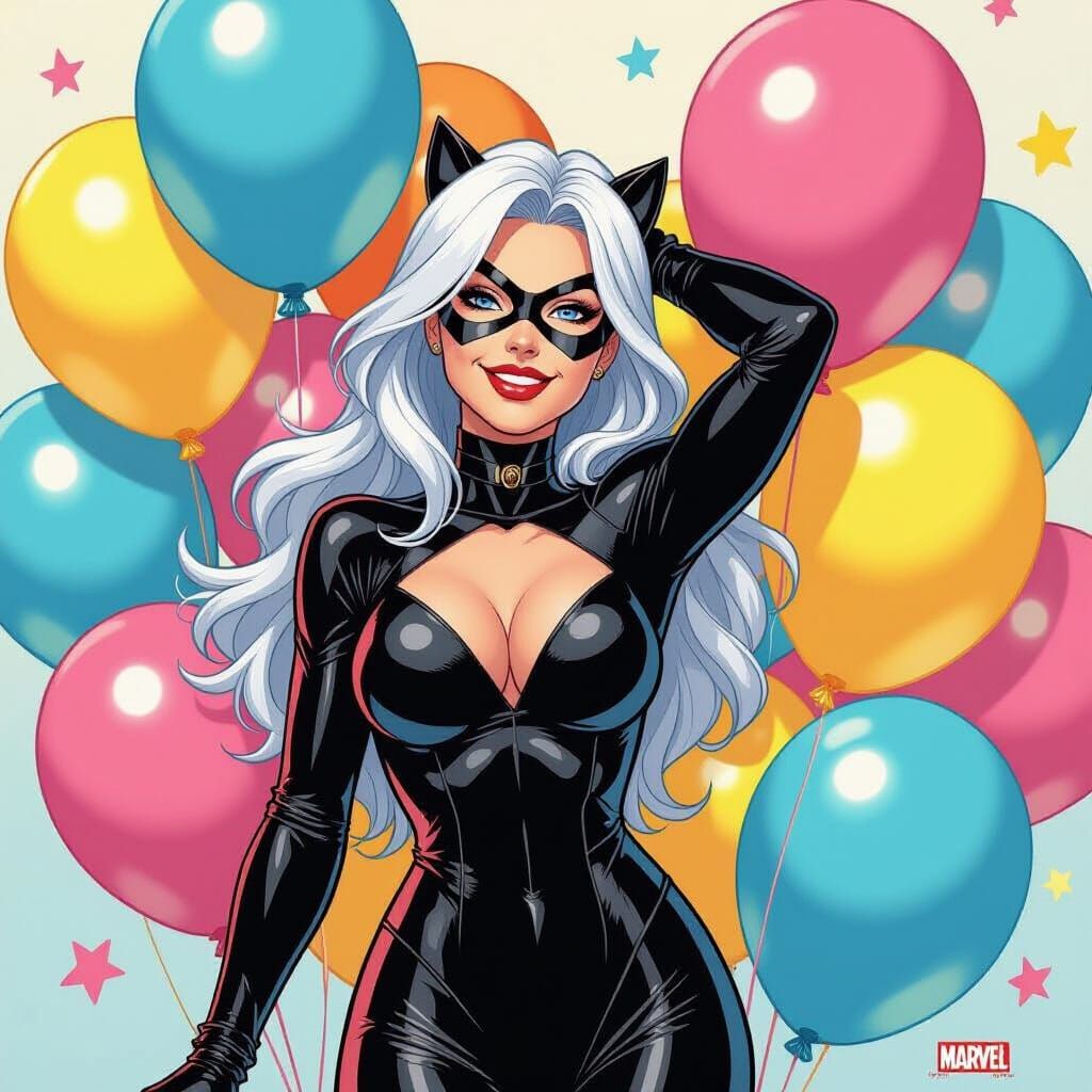 Black Cat Teasing Balloons in Comic Book Style