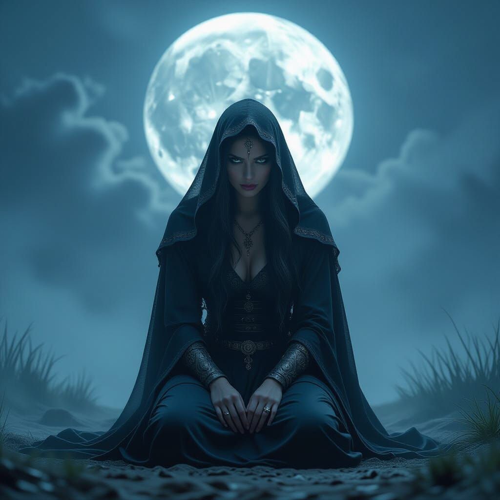 Eerie Witch Kneeling Under Full Moon: Photorealistic Art