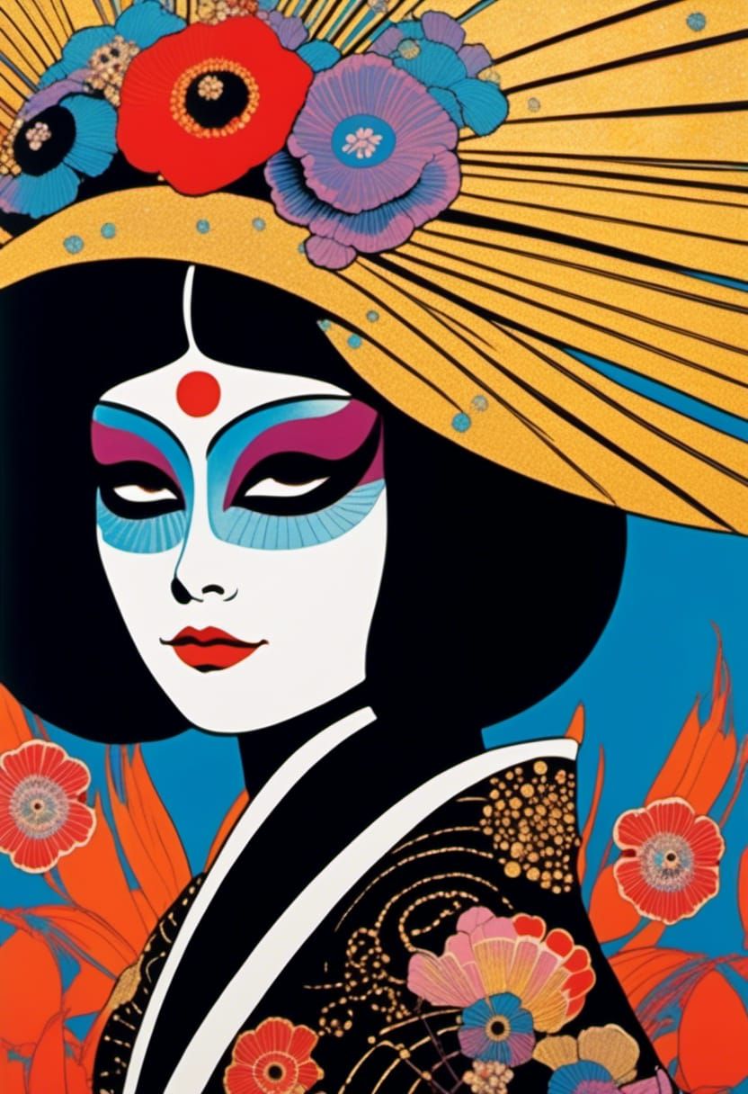Psychedelic Geisha with Carnival Mask in Expressionist Style