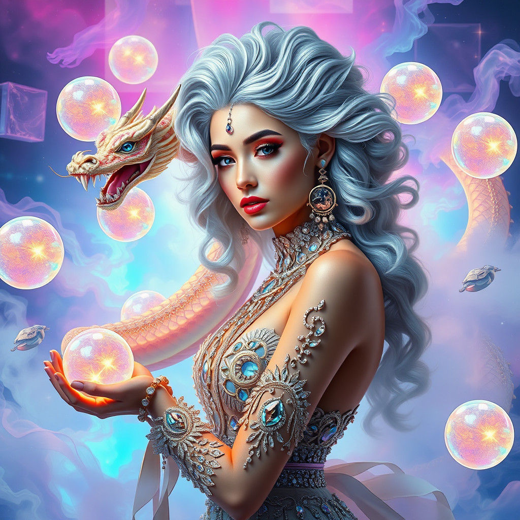 Gemini Woman with Dragon in Surreal Dreamscape