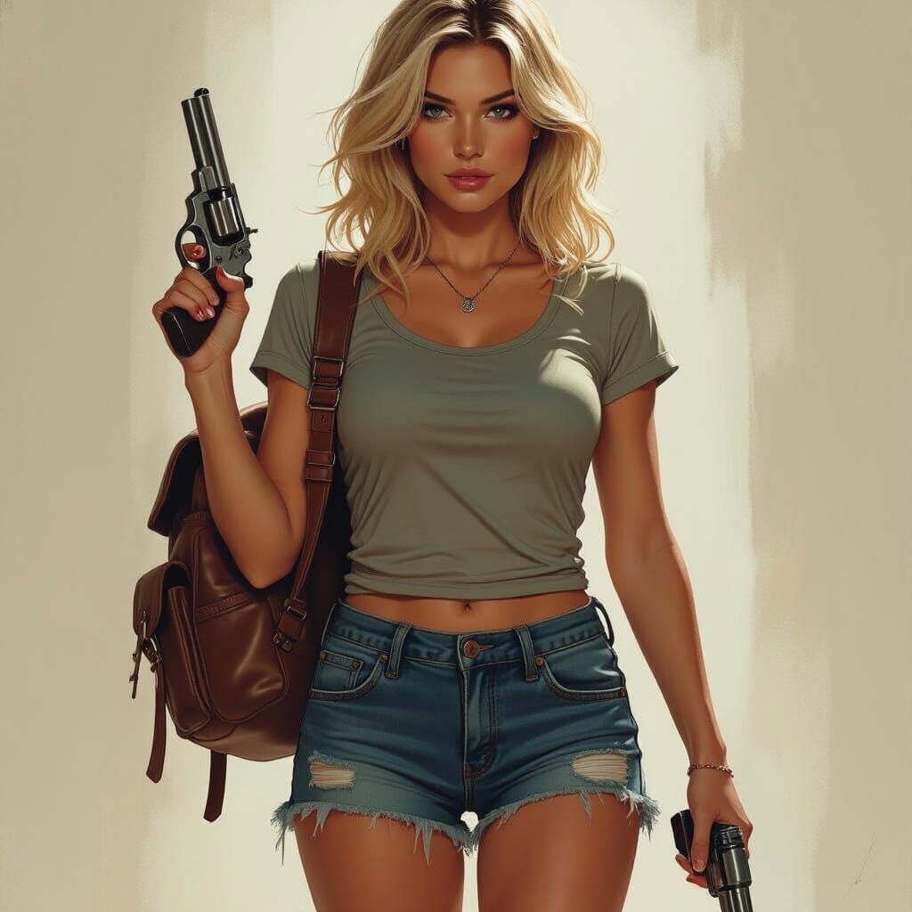 Woman with Revolver: Digital Painting with Cinematic Lightin...