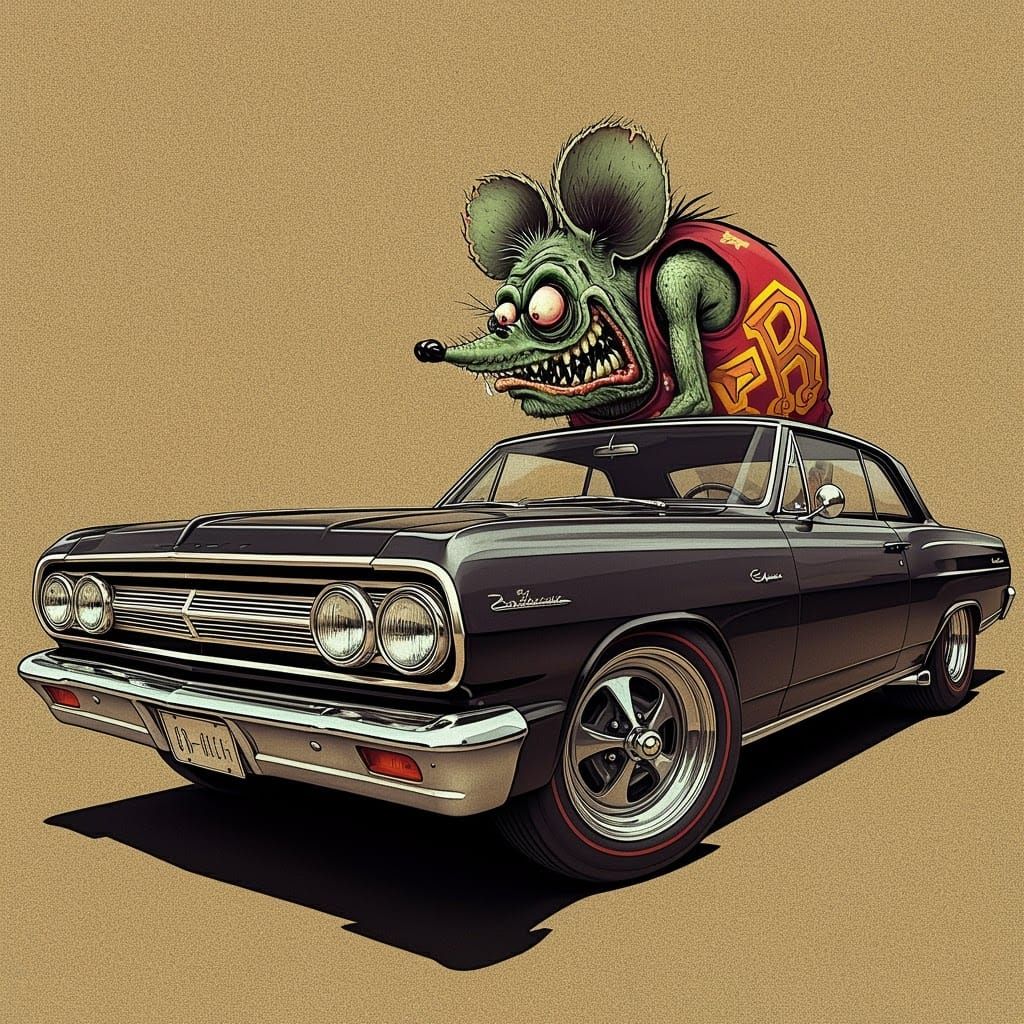 Rat Fink Driving Chevelle in Ed Roth Style