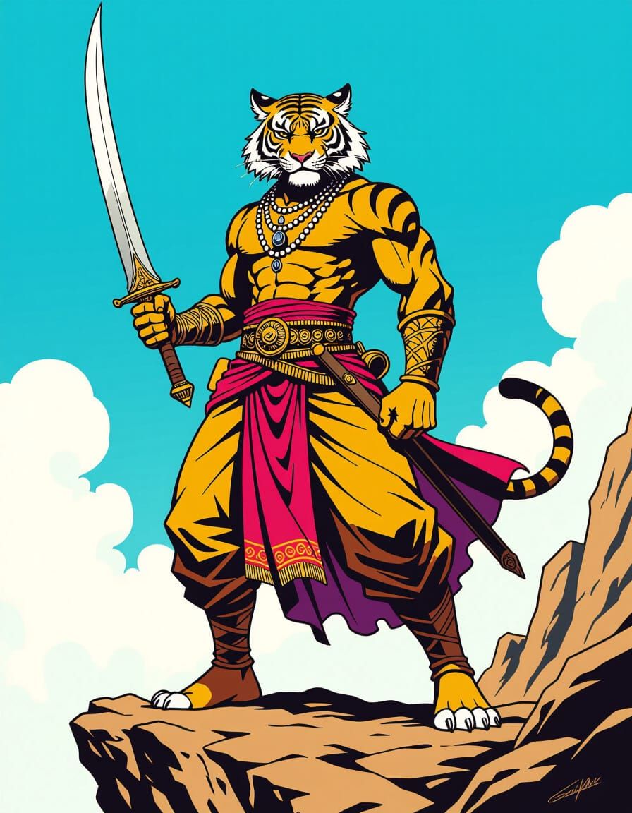 Rakshasa Tiger Person with Scimitar Comic Art