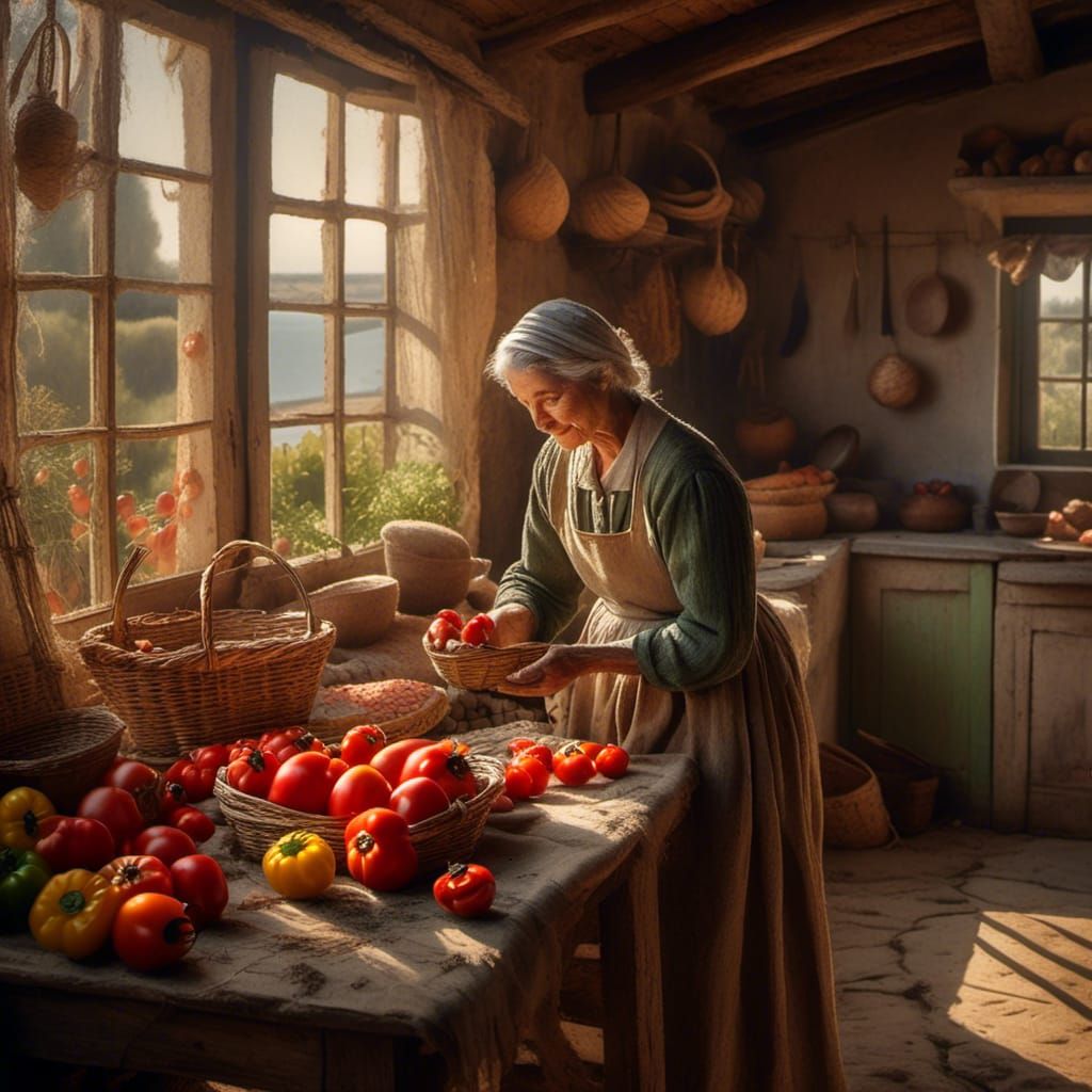 Rustic Still Life with Peasant Lady in Impressionist Style