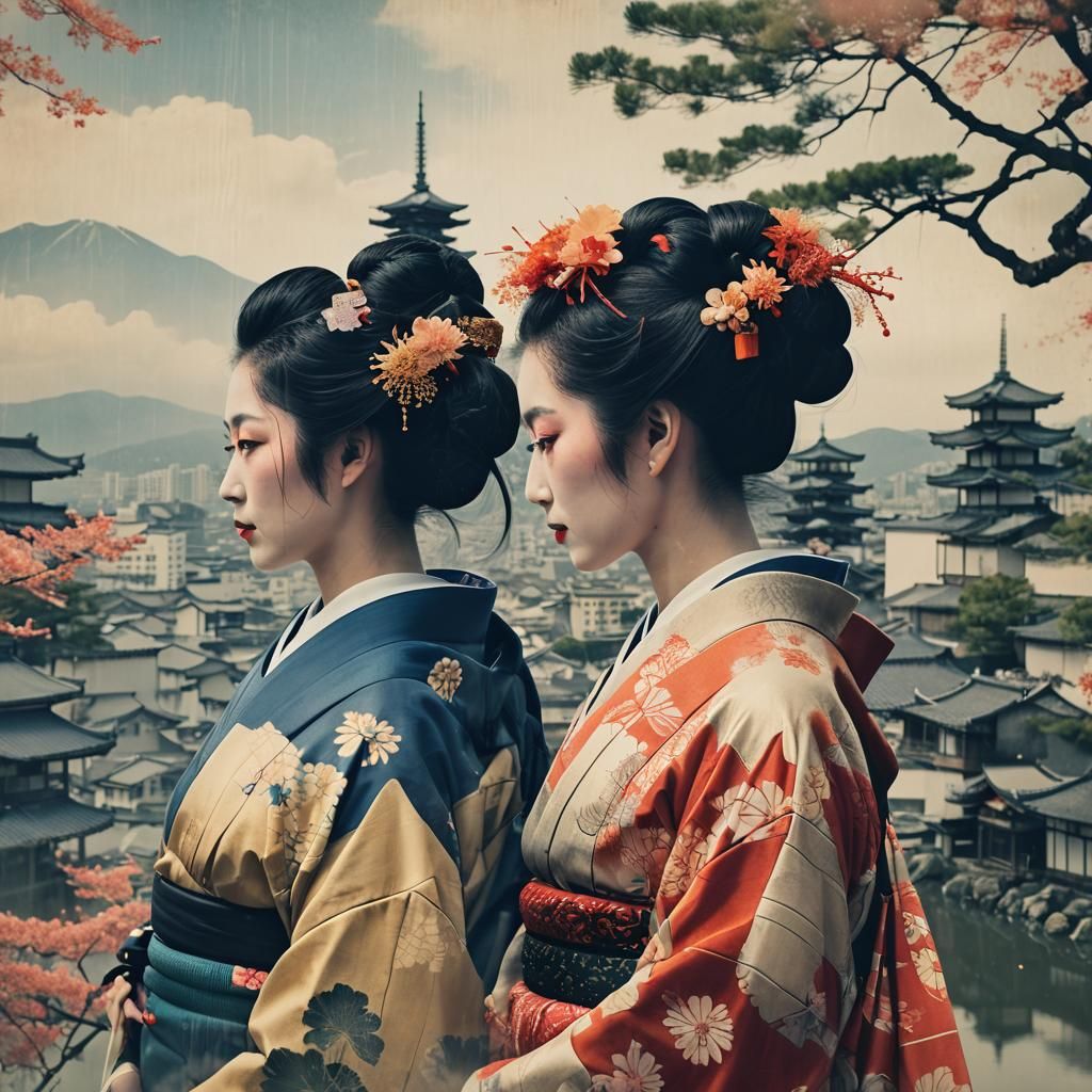 Kyoto Skyline Double Exposure with Geishas