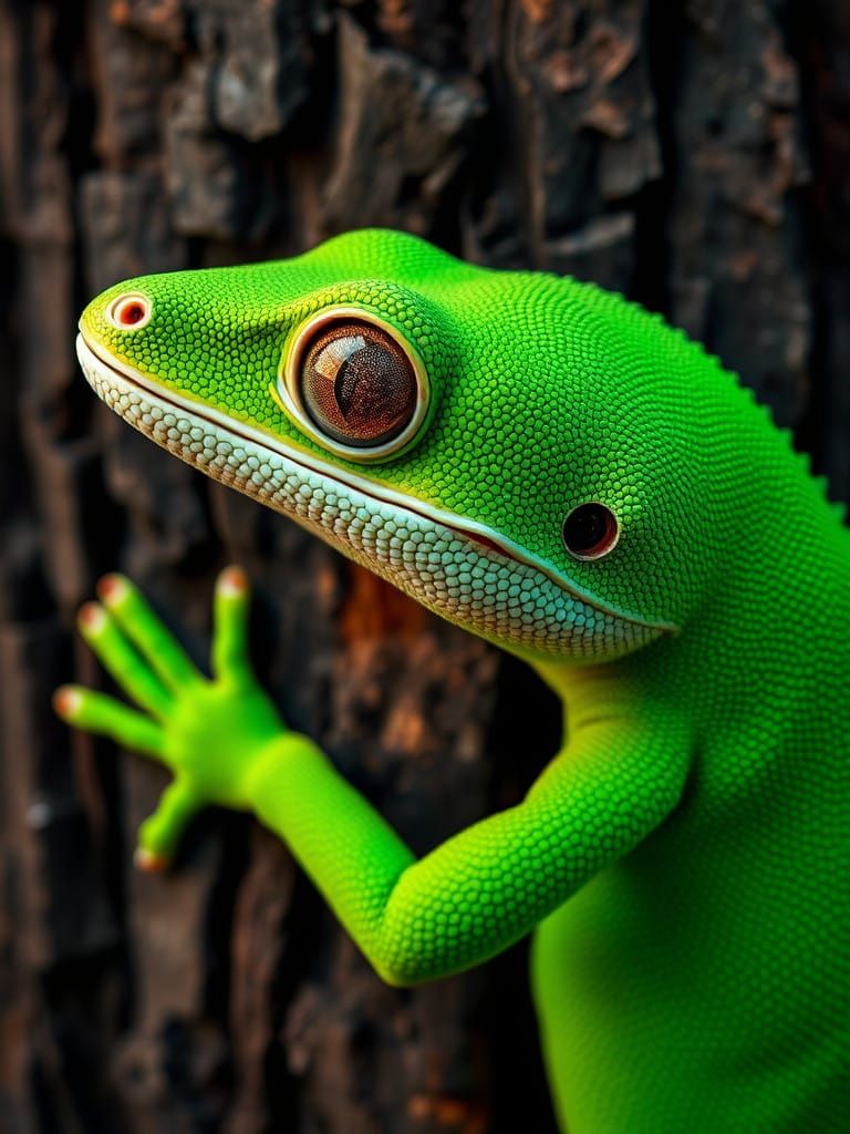 Hyperrealistic Brilliant Green Day Gecko on Rough Tree Bark...