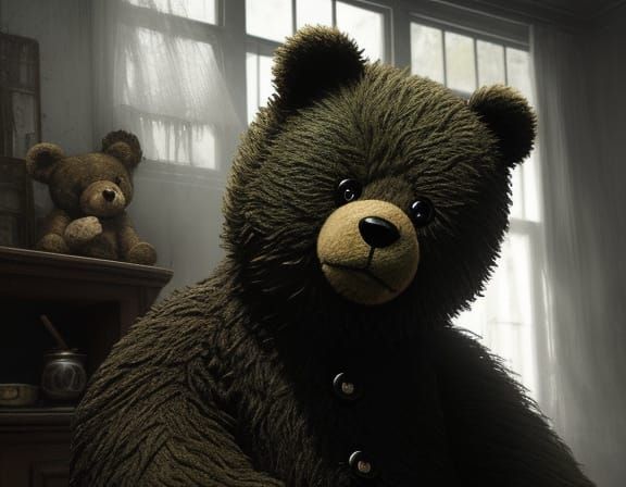 Creepy Teddy Bear in Dimly Lit Room