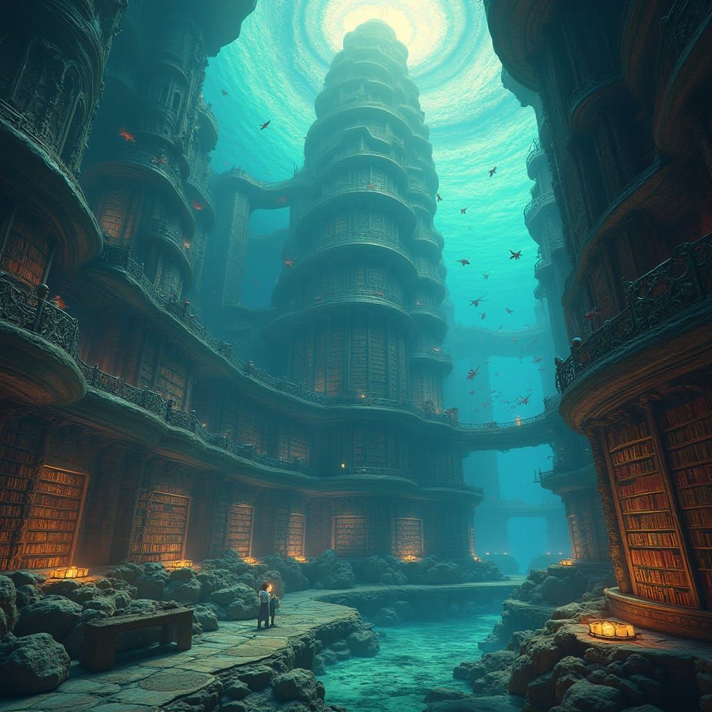 Underwater Library of Babel: Iridescent Glow and Ancient Tom...