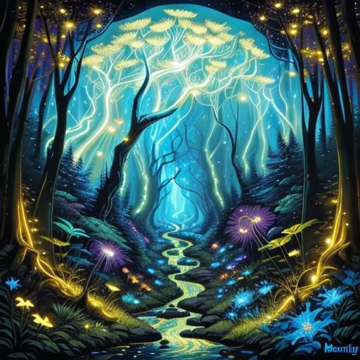 Bioluminescent Forest Stream: Fantasy Acrylic Painting