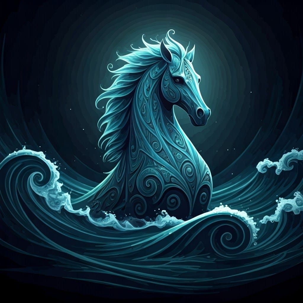 Mystical Celtic Sea Horse Rises from the Ocean Night