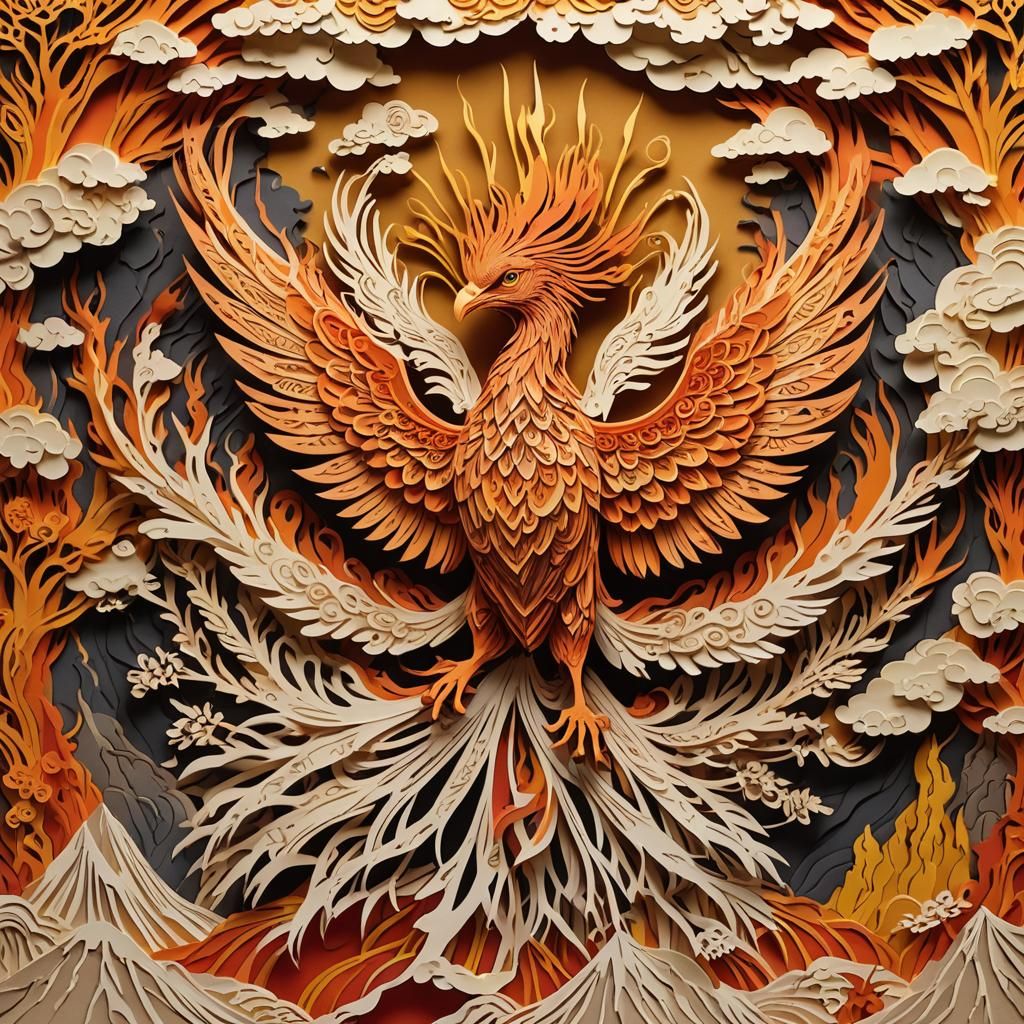 Kirigami Phoenix Over Volcano in Paper-Cut Style
