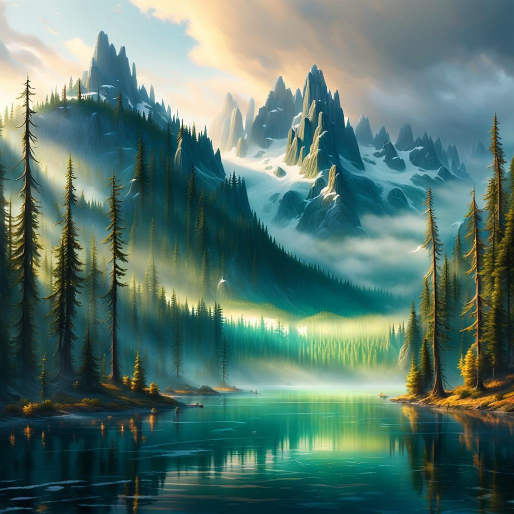 Misty Lake in Canadian Wilderness: Fantasy Concept Art