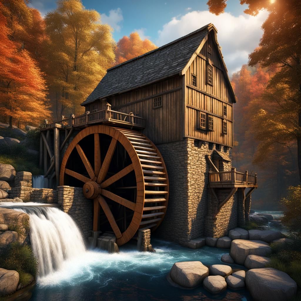 Water-Powered Grist Mill in Detailed Matte Painting