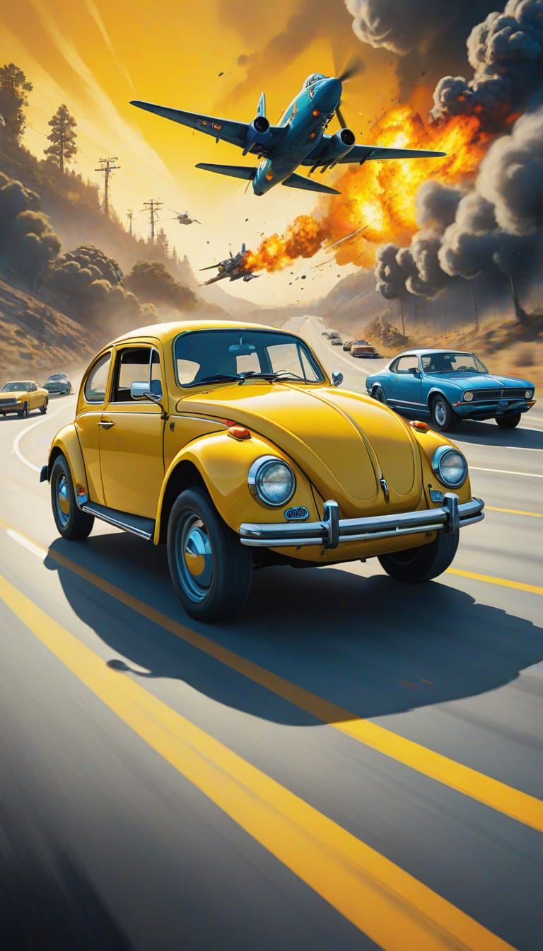 Vibrant Comic Book Art of a Yellow Beetle vs. Blue F-15