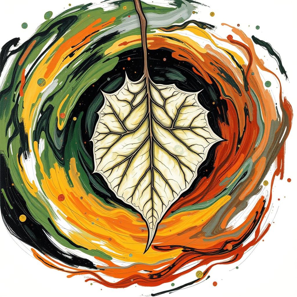 Surreal Leaf Vortex in Black and White Alcohol Line Art