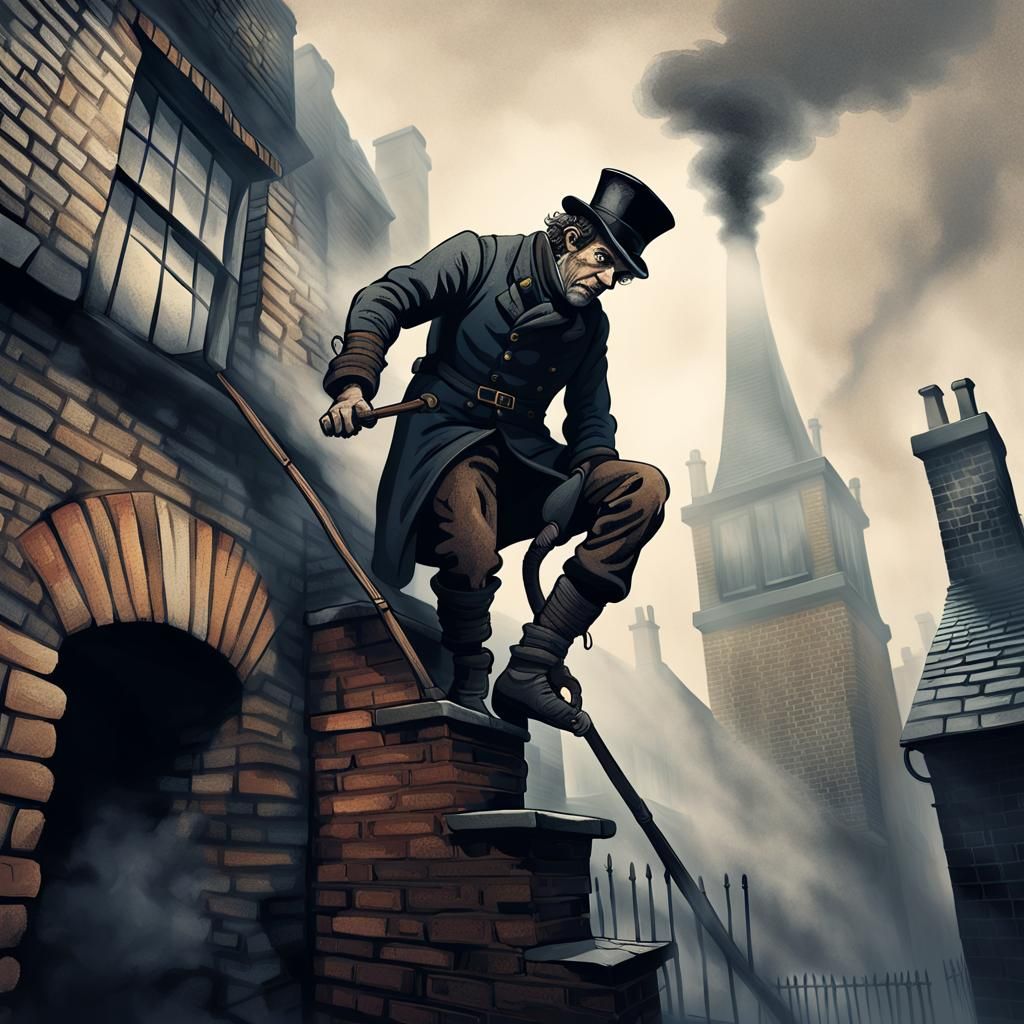 Chimney Sweep in Foggy London Alley