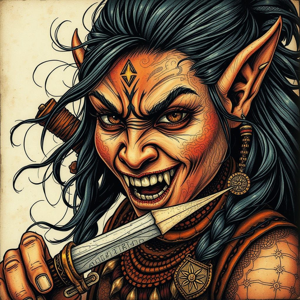 Portrait amber Troll female warrior Dynamic action, cottagecore stringart burned film texture, Abanindrath Tagore Terisi...