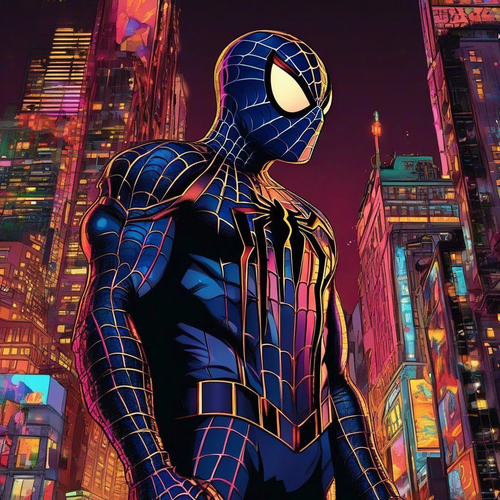 Spiderman in New York city with nigh lights, macrolens_bokeh; depth_of_field; line_art; maximalism; intricately_detailed...