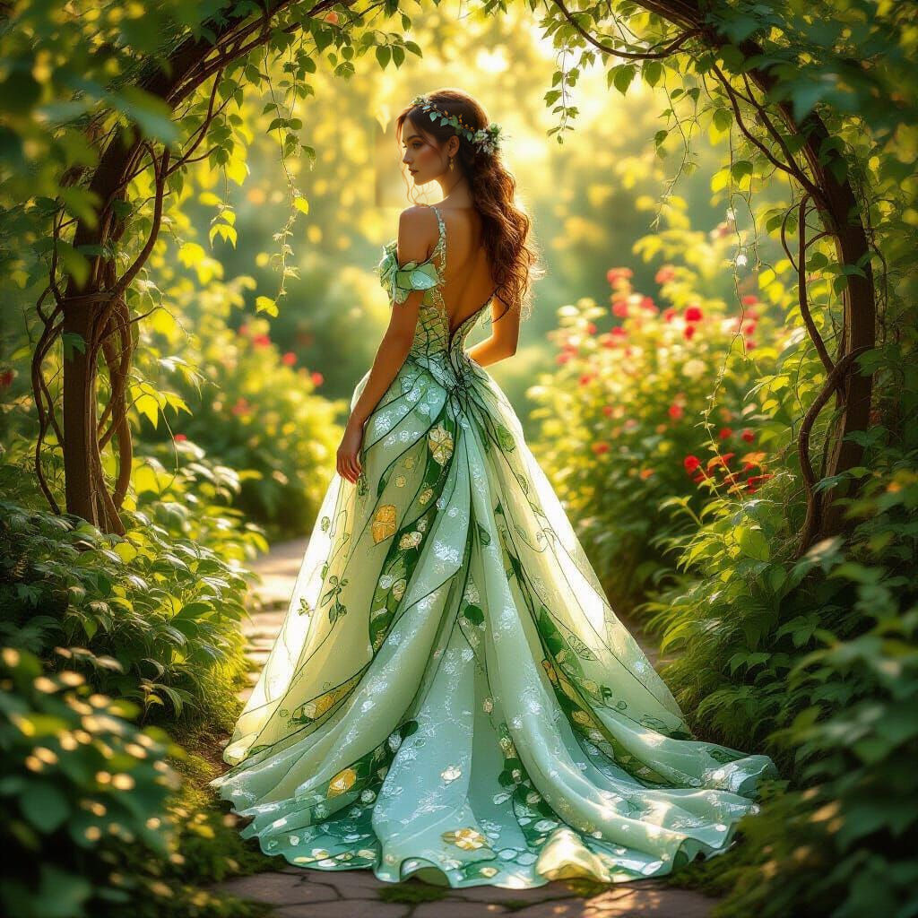 Living Glass Gown Shimmers in Autumn Garden