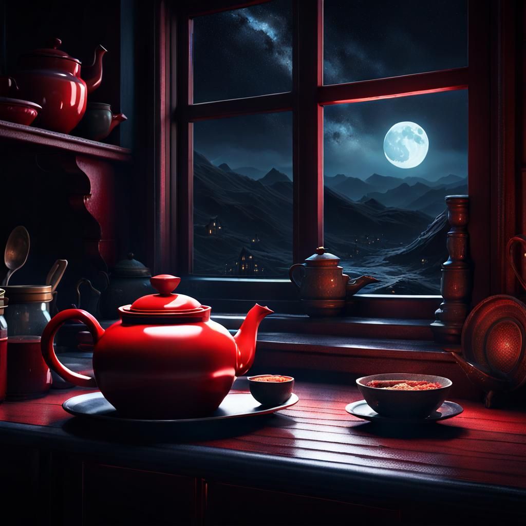 Red Teapot in Dark Kitchen: Matte Painting