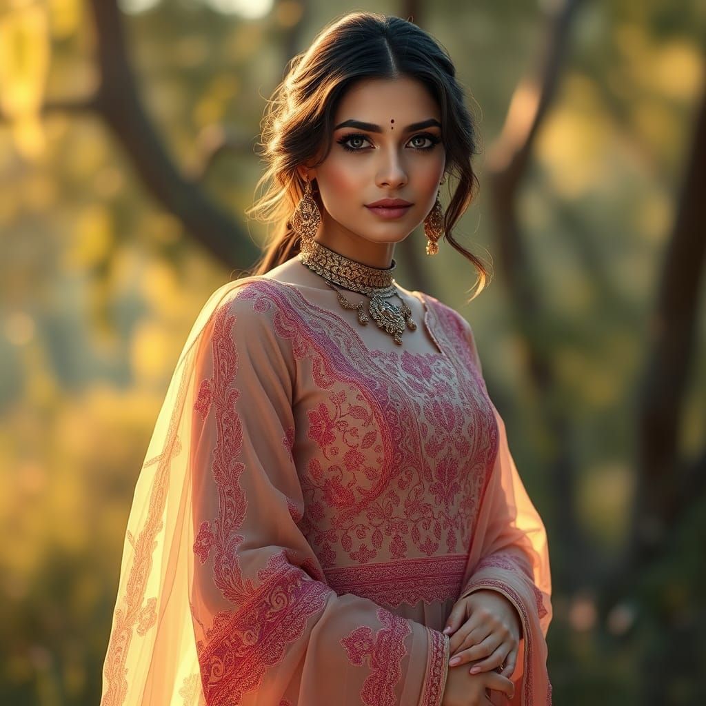 Elegant Woman in Traditional Dress, Ethereal Digital Paintin...