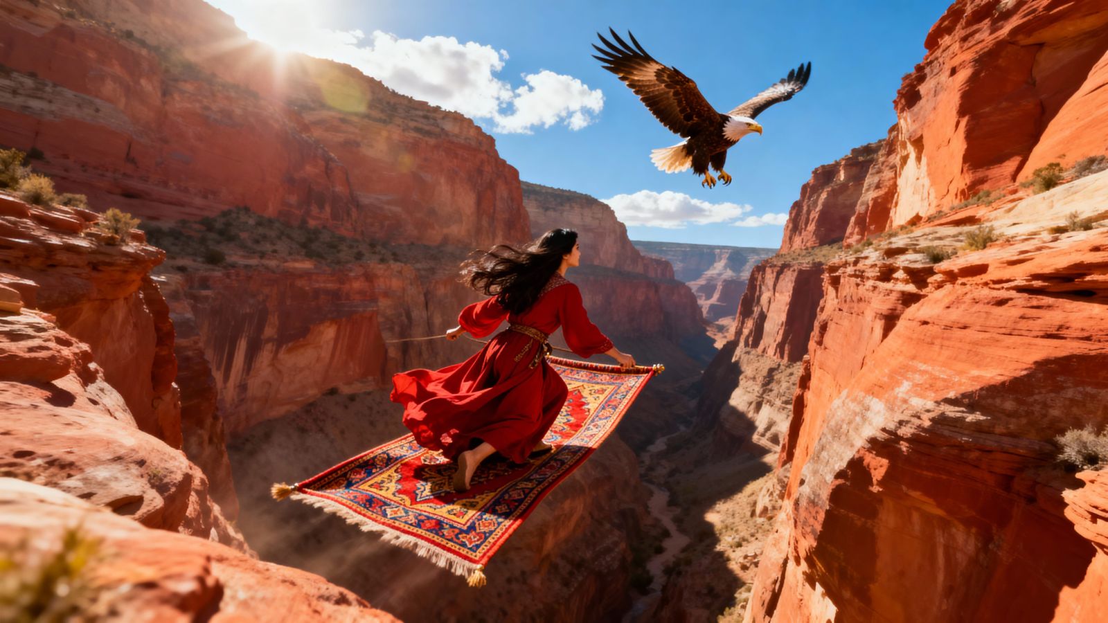 Woman on Magic Carpet Chases Eagle Through Canyon