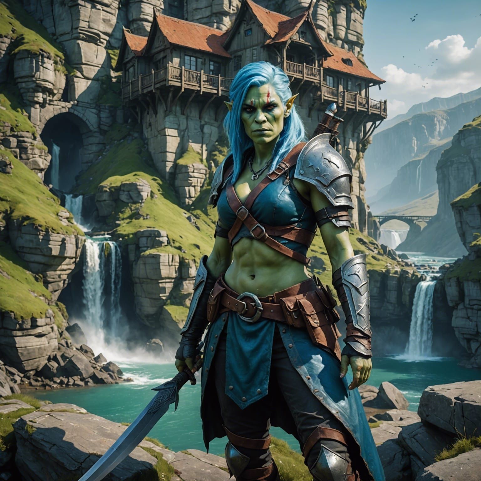 Female Orc Warrior Portrait with Cliffside House