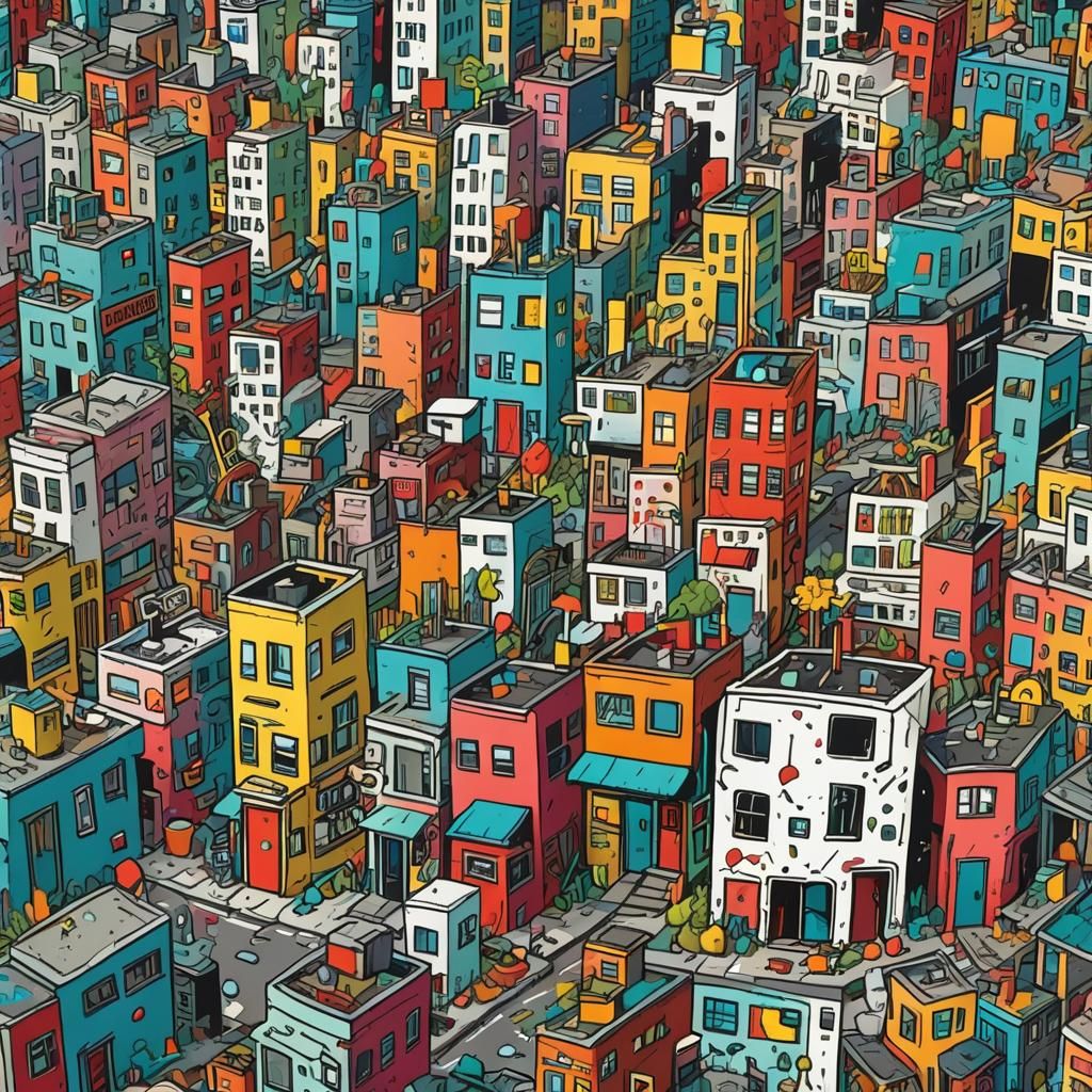 Whimsical Cityscape Illustration in Basquiat-Haring Style