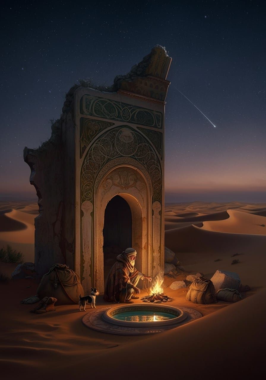 Desert Traveler Camps Near Ancient Ruins in Nouveau Style