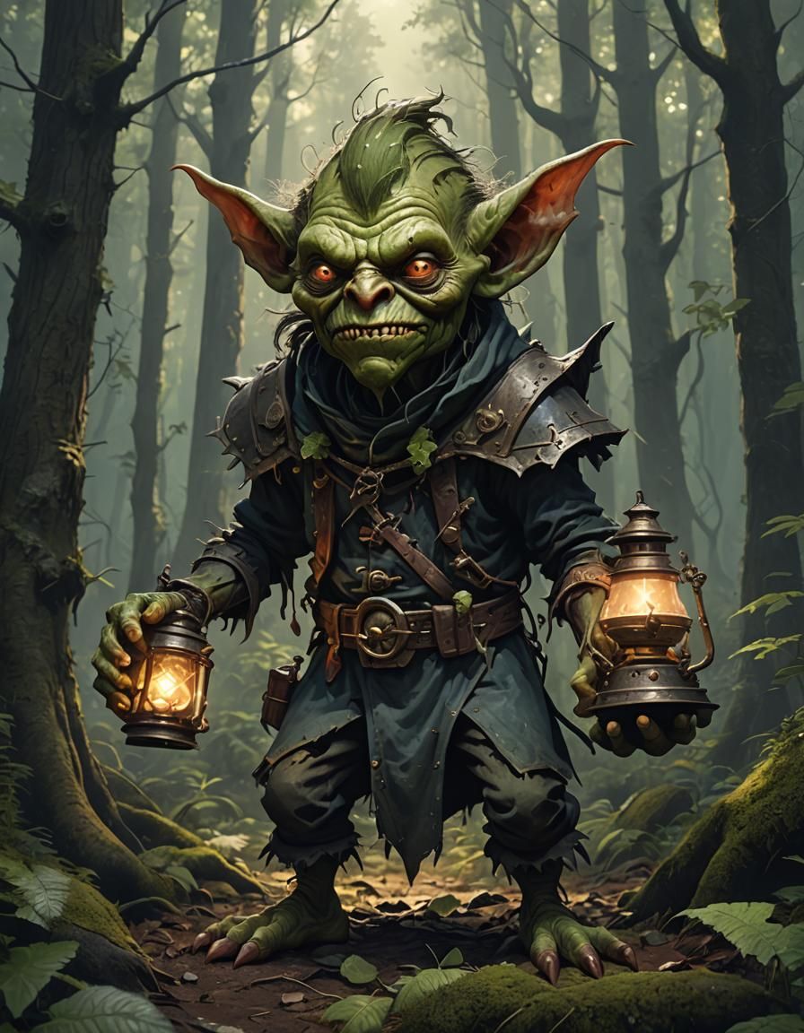 Goblin with Magic Lantern in Dark Forest