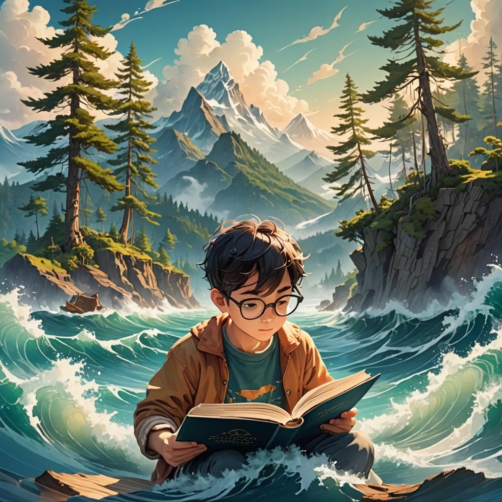 Anime Boy Reading Book with Surreal Seascape Double Exposure