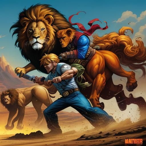 Lion Gangster Fight in Comic Book Style