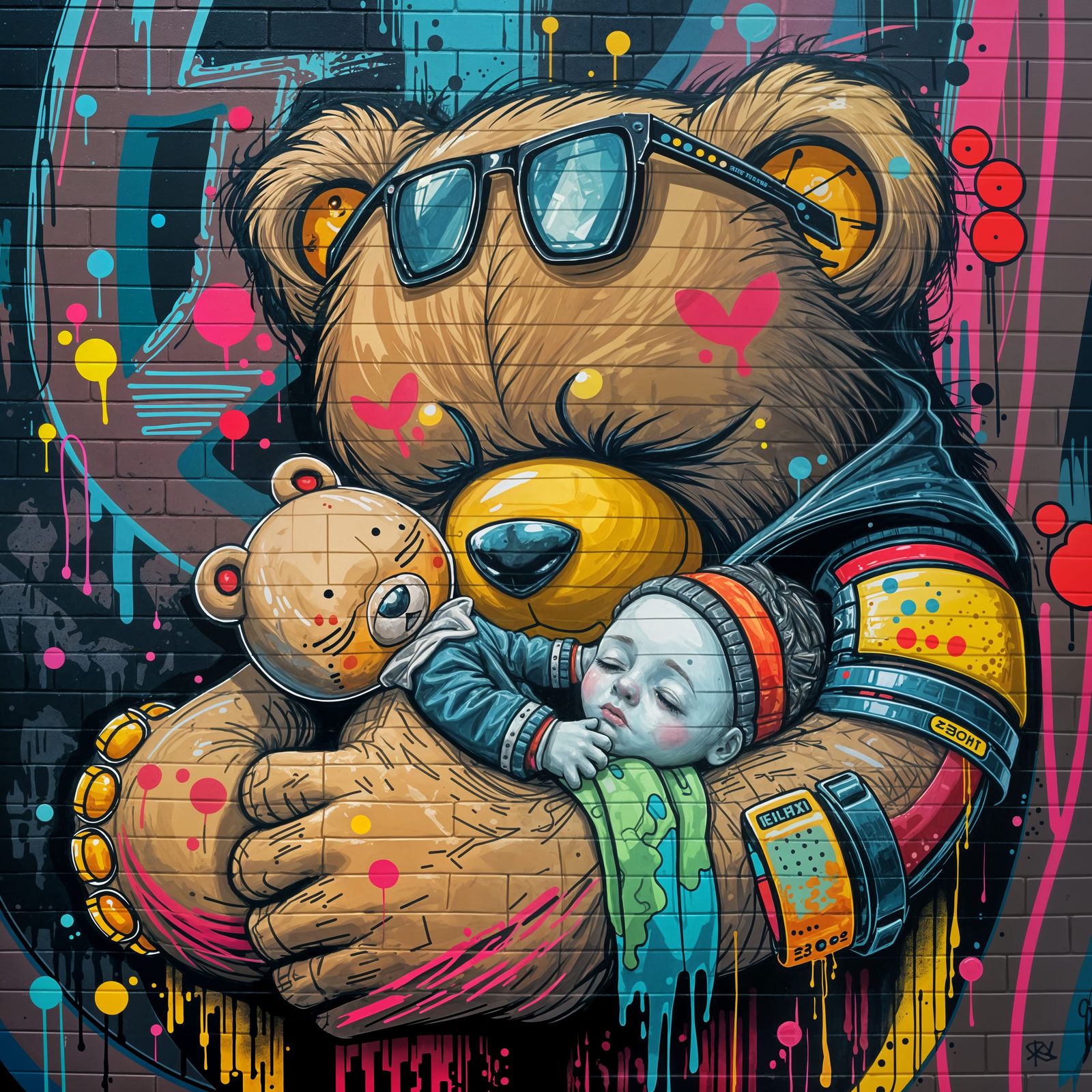 Cyberpunk Teddy Bear Protector: Graffiti Street Art