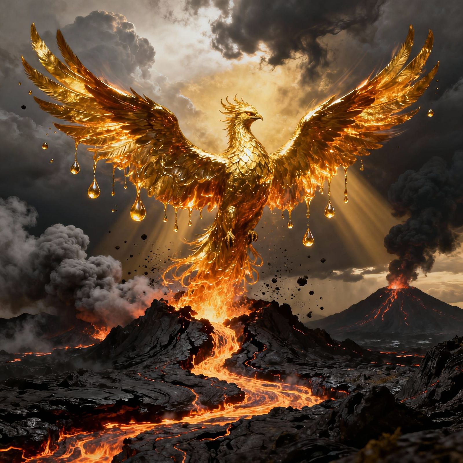 A majestic phoenix, its body composed entirely of swirling, ...