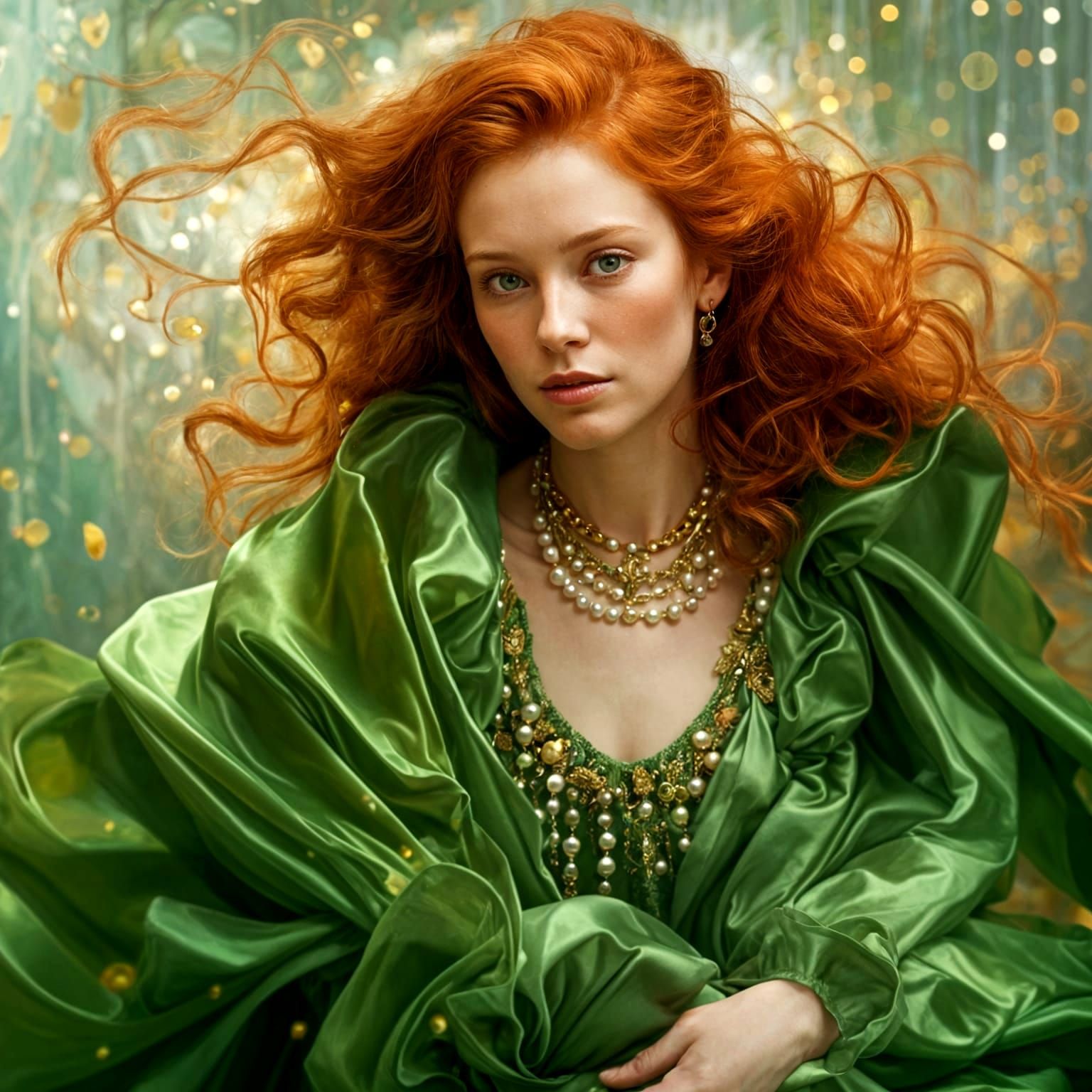 Red-Haired Princess in Green Robe with Golden Light