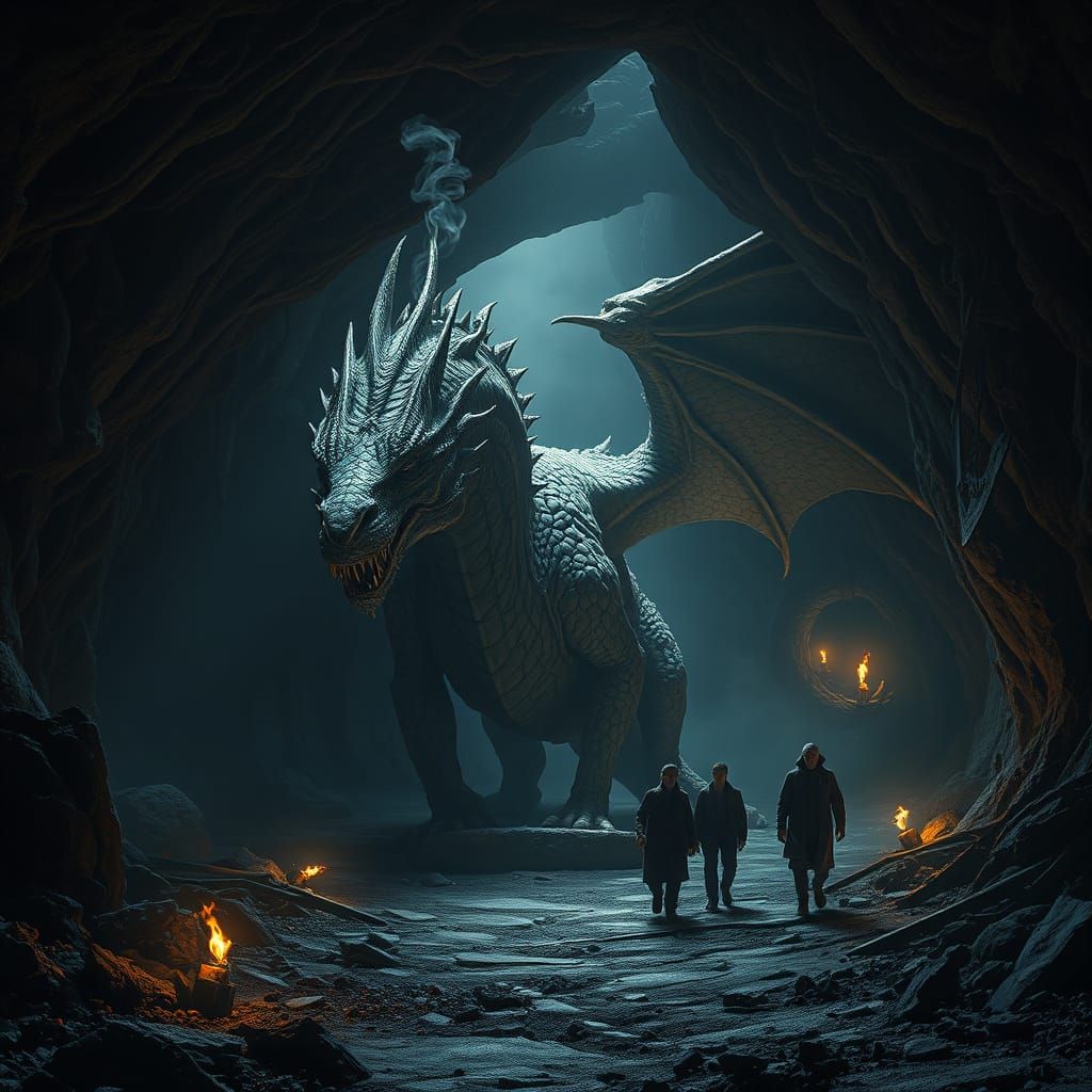 Dragon in Subterranean Refuge, Cautious Humans in the Shadow...