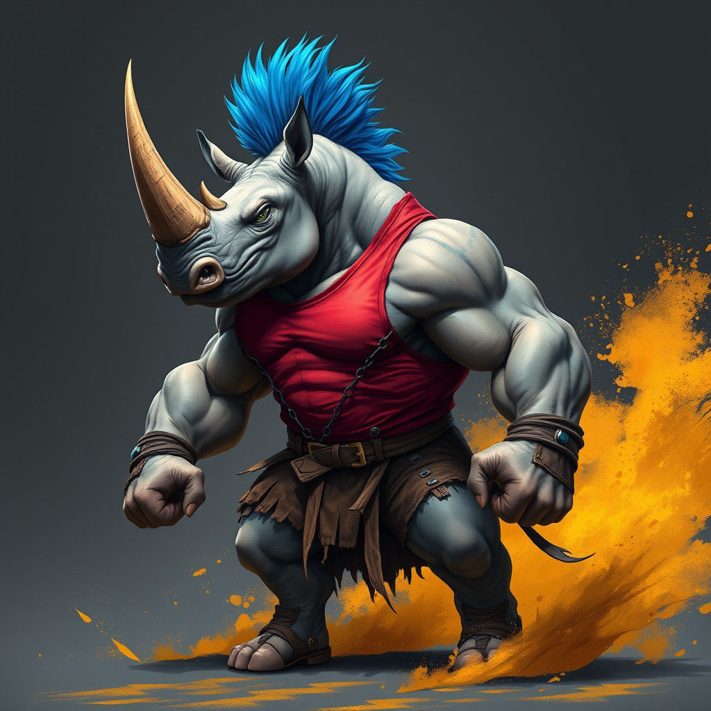 A muscular rhino character with a mohawk, torn red shirt, an...
