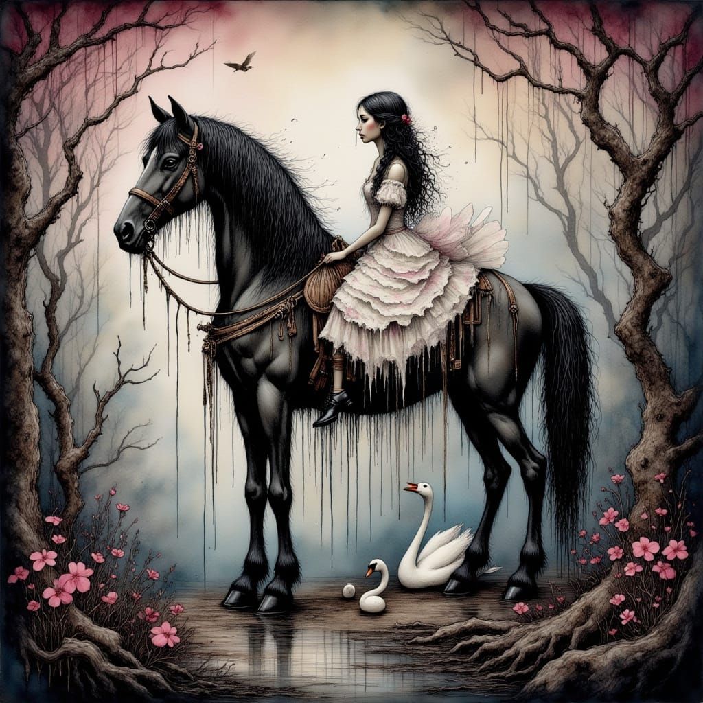 Surreal Horse-Swan Hybrid in Tim Burton Style Acrylic Art