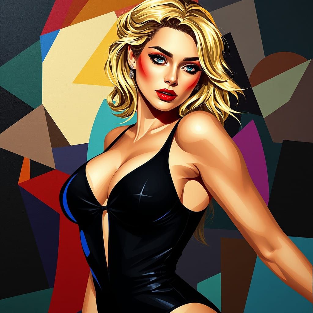 Seductive Gothic Goddess in Vibrant Cubist Swimwear