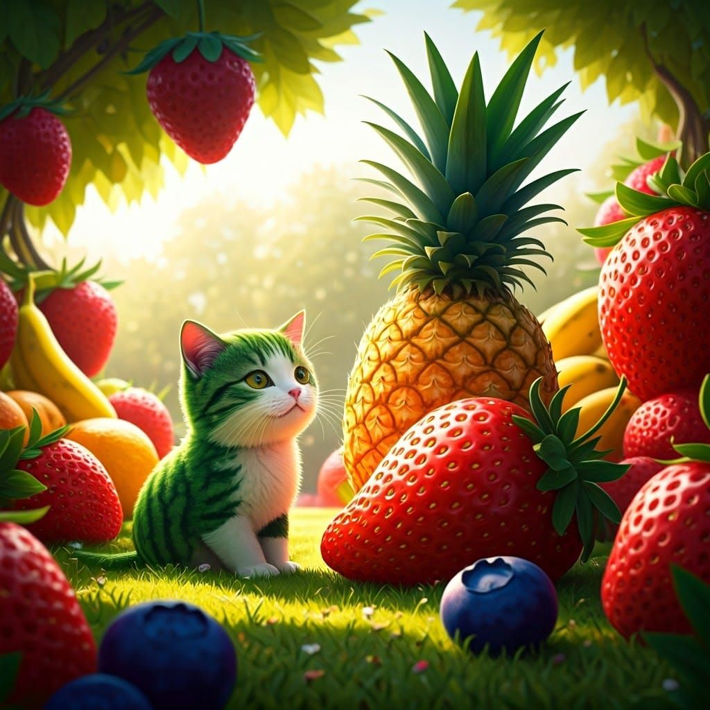 Whimsical Cat-Fruit Fusions in a Vibrant Oversized Garden