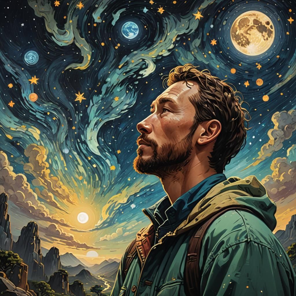 Starry Night Sky with Moon, Hyperrealistic Splash Art