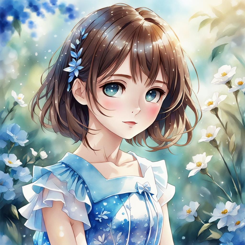 Anime Girl Portrait in Realistic Watercolor Style