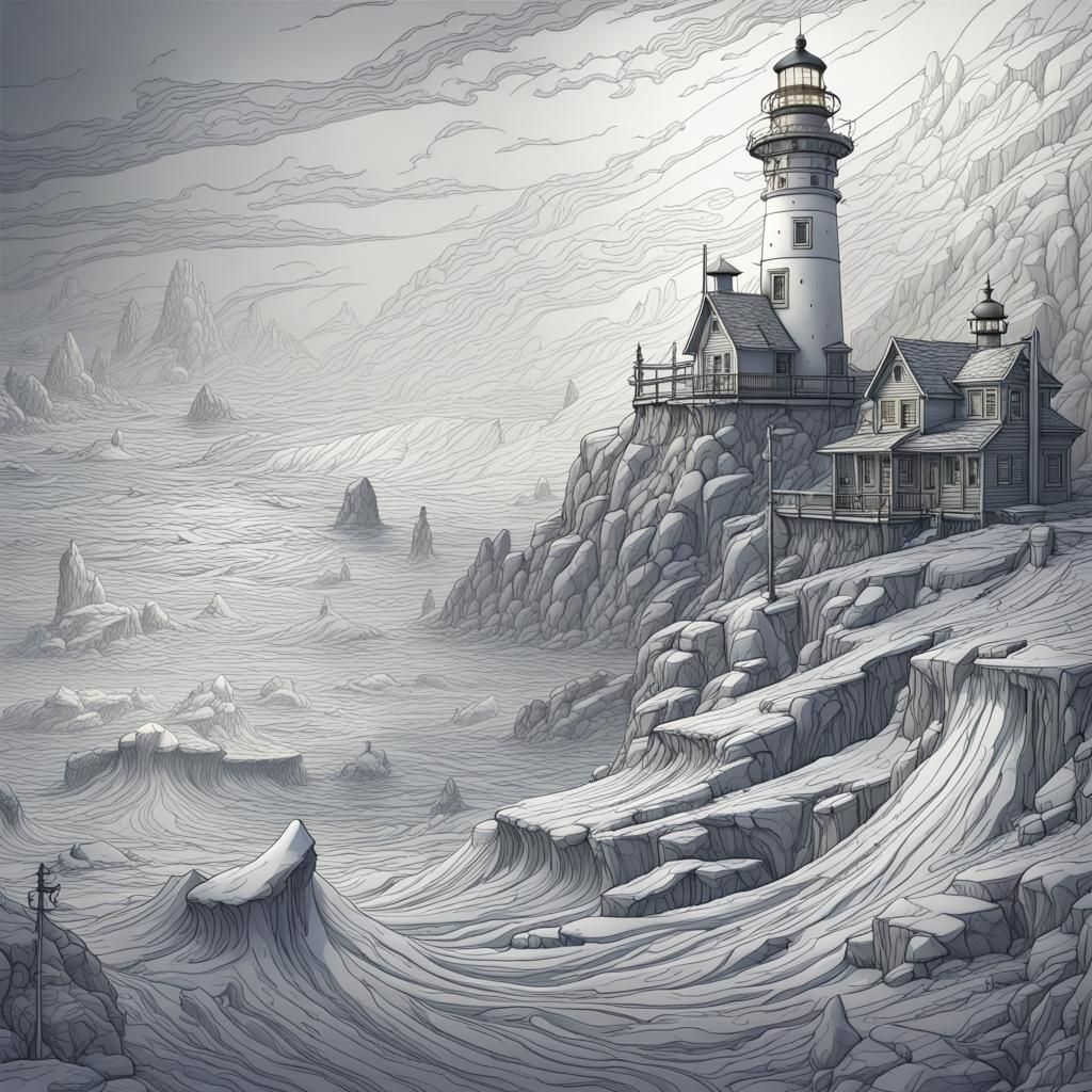 Detailed Line Art Winter Seascape Lighthouse