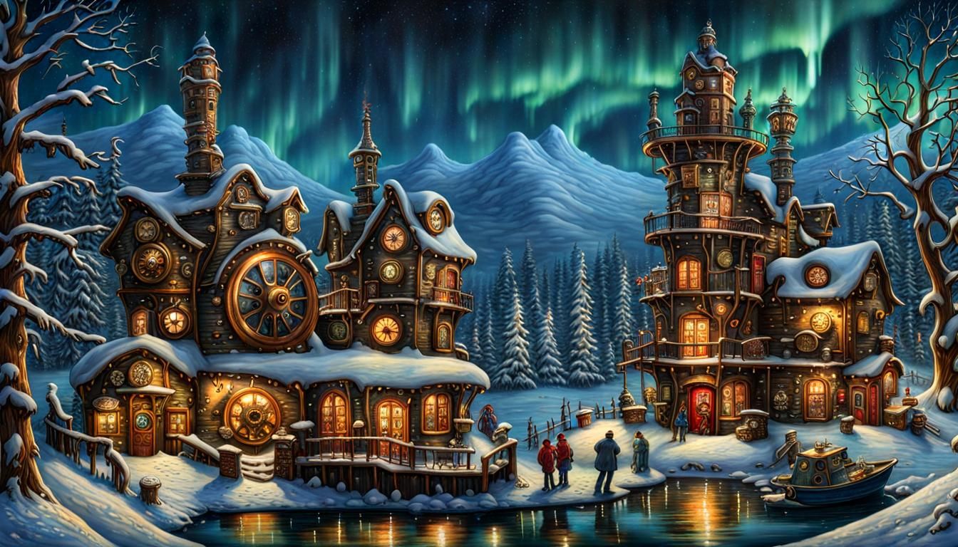 Bronze Steampunk Factories in Snowy Wonderland