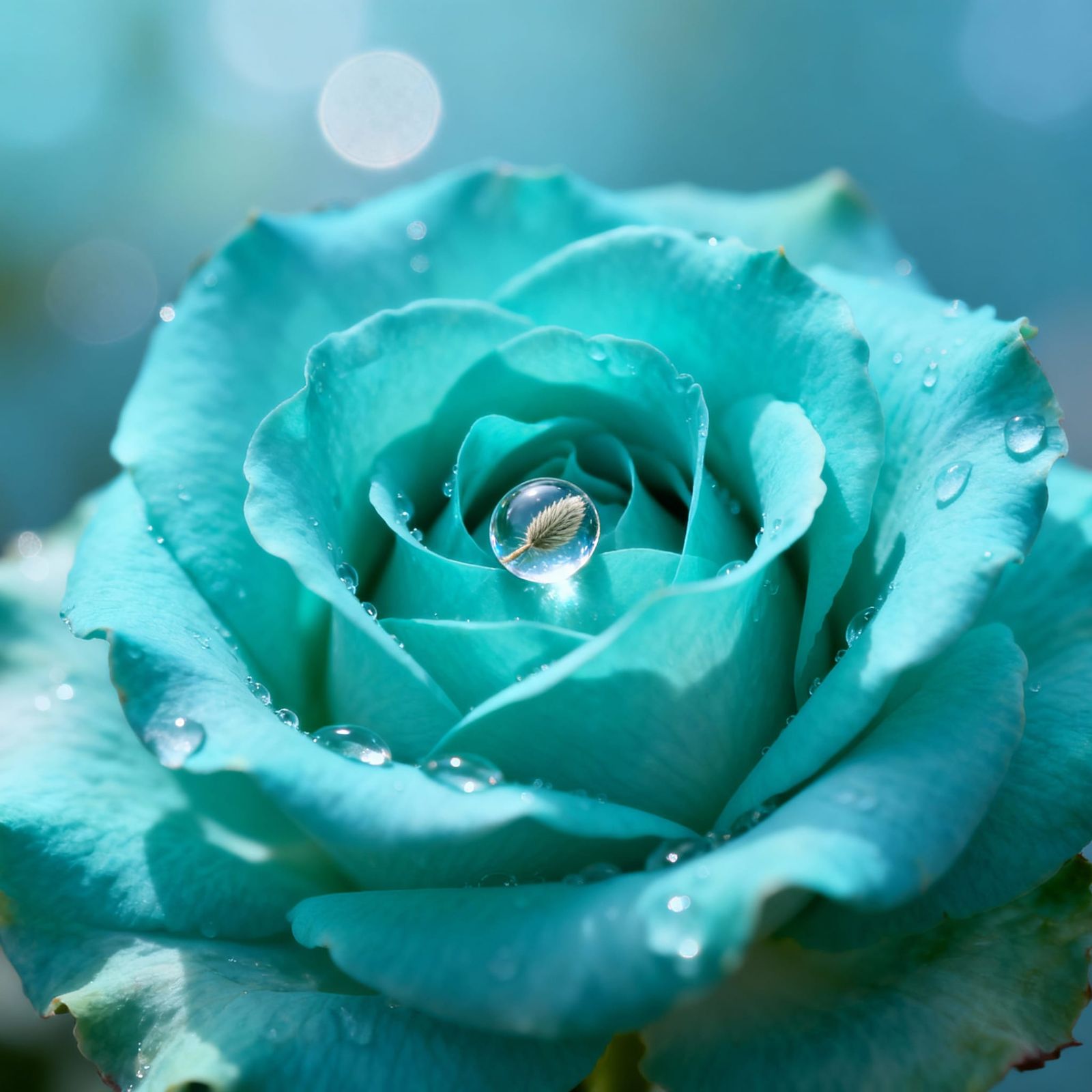 Macro View: Seed in Water Droplet on Aquamarine Rose