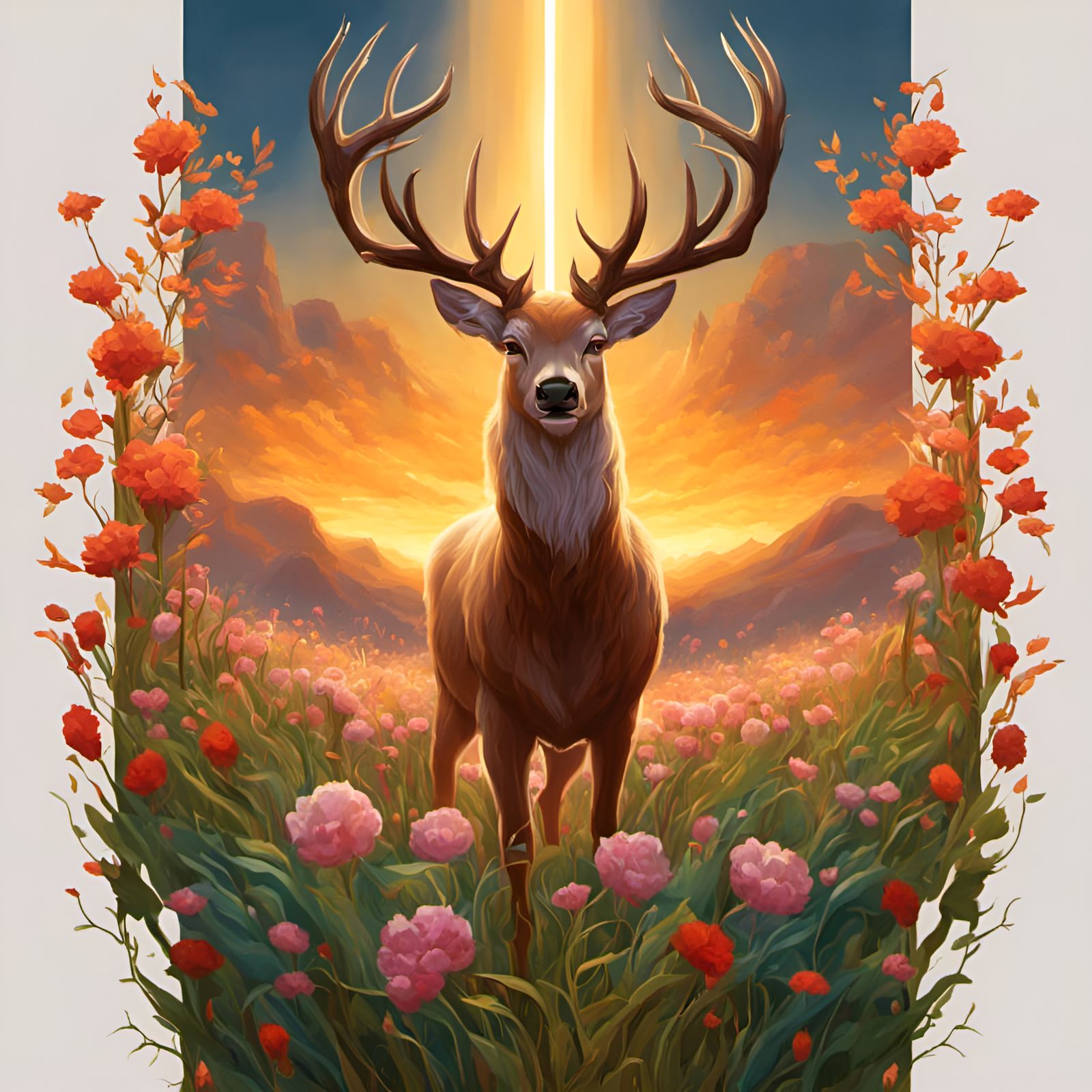 Deer Angel in Flower Field, Digital Art